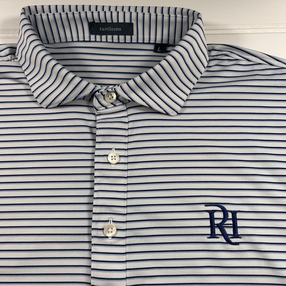 Turtleson Striped Performance Polo Mens L White Navy Blue River Island Golf Club